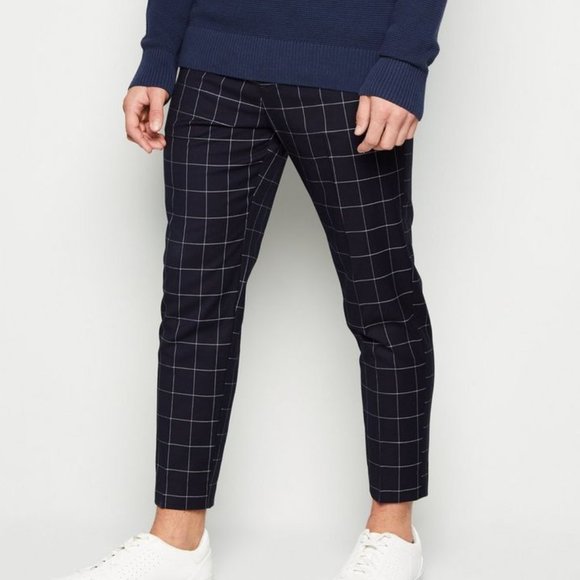 New Look Navy Check Skinny Cropped Trousers - Picture 1 of 9